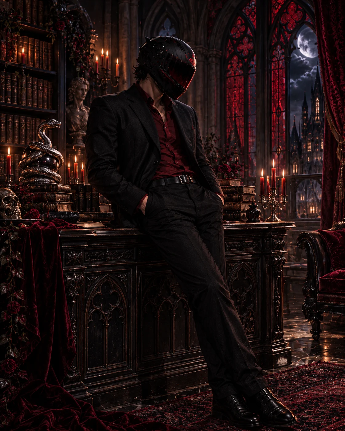 Nox_vyper’s helmeted persona in a candlelit gothic study with a carved desk and tall stained-glass windows.